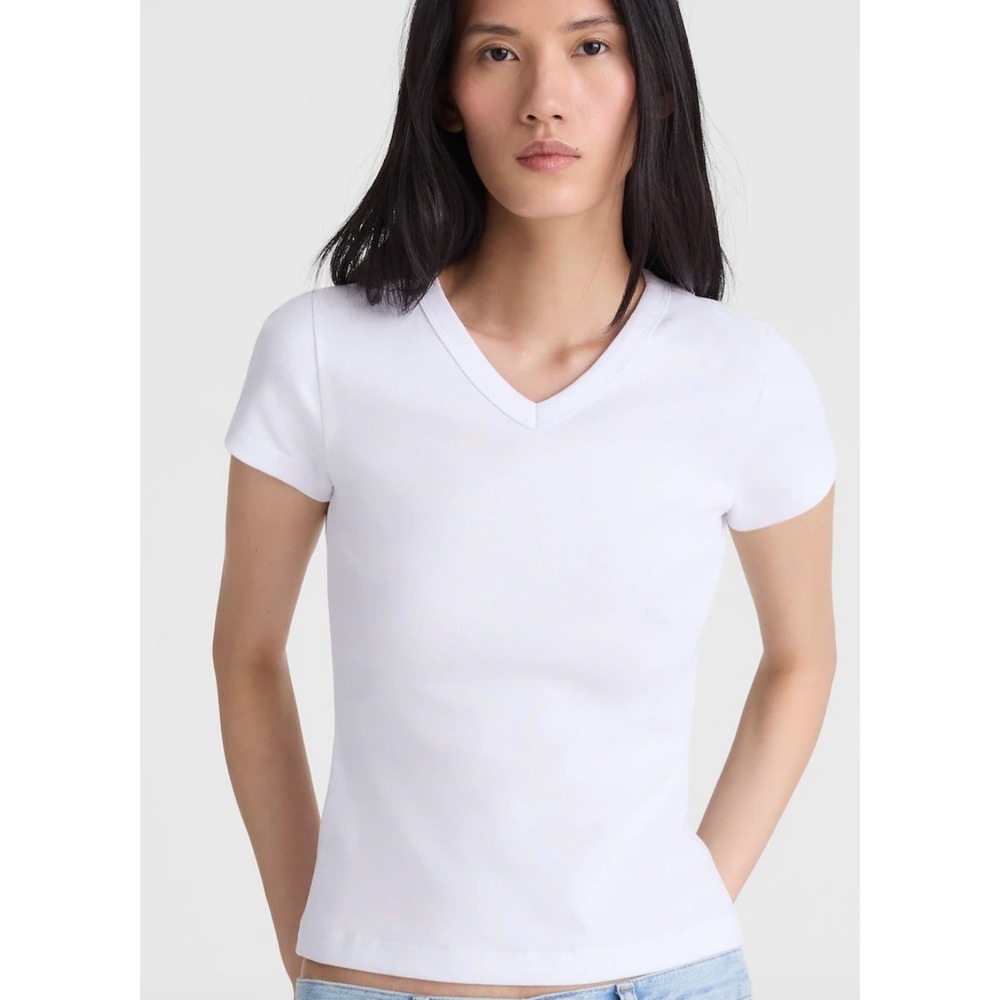 Madewell The '90s V-Neck Baby Tee in Compact Cotton White Minimal Capsule L NWT